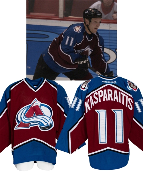 Darius Kasparaitis 2001-02 Colorado Avalanche Game-Worn Stanley Cup Playoffs Jersey from His Personal Collection with His Signed LOA - Photo-Matched to 2002 Western Conference Finals!