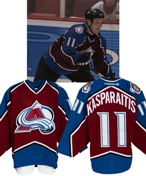 Darius Kasparaitis 2001-02 Colorado Avalanche Game-Worn Stanley Cup Playoffs Jersey from His Personal Collection with His Signed LOA - Photo-Matched to 2002 Western Conference Finals!