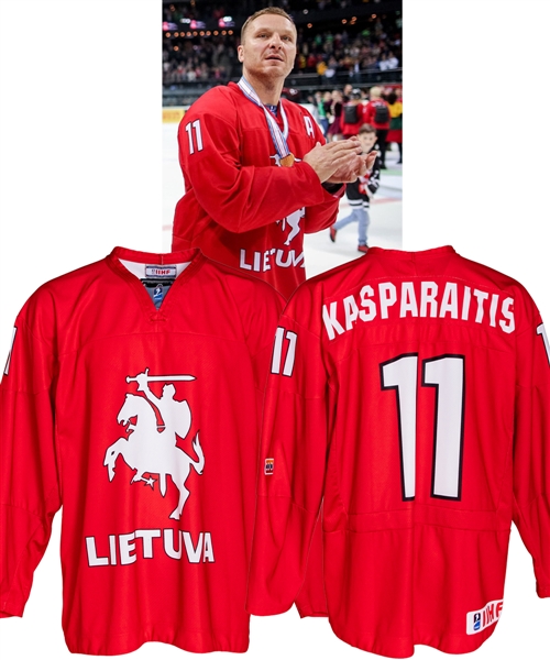 Darius Kasparaitis 2018 IIHF World Championship Division I Group "B" Team Lithuania Game-Worn Jersey From His Personal Collection with His Signed LOA - Photo-Matched!