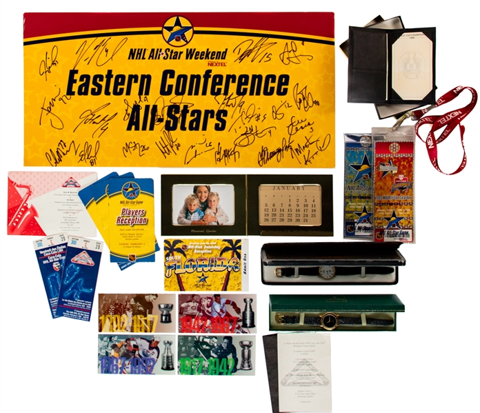 1993 to 2003 NHL All-Star Game Collection Including 2003 Eastern Conference All-Stars Team-Signed Poster Board, 1993 and 2003 Event Tickets and Gucci Plus Raymond Weil NHLPA Wristwatches 