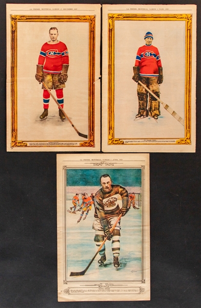 1927-32 "La Presse" Hockey Picture Lot of 3 Including HOFers Georges Vezina, Auriel Joliat and Eddie Shore