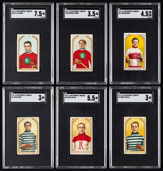 1911-12 Imperial Tobacco Hockey C55 SGC-Graded Complete 46-Card Set Inc. HOFers #38 Georges Vezina Rookie (VG+ 3.5), #20 Fred Taylor (EX+ 5.5), #31 Art Ross (VG-EX+ 4.5) & #42 Newsy Lalonde (NM+ 7.5)