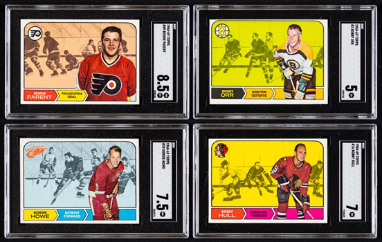 1968-69 Topps Hockey Complete 132-Card Set with SGC-Graded Cards (8) Including HOFers #2 Bobby Orr (EX 5), #16 Bobby Hull (NM 7), #29 Gordie Howe (NM+ 7.5) and #89 Bernie Parent Rookie (NM-MT 8.5)