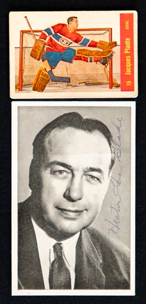 1957-58 Parkhurst Hockey Card #15 HOFer Jacques Plante Plus Deceased HOFer Hector Toe Blake Signed Montreal Canadiens Postcard