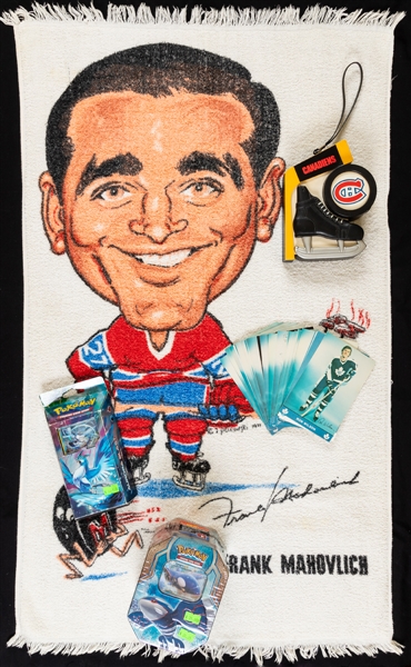 Circa 1971 Sporticatures Frank Mahovlich Montreal Canadiens Towel, 1962 Topps CFL Cards (21), 2015 Pokemon Collector Tin Factory Sealed Plus Theme Deck and Other Assorted Items