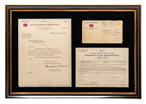 Deceased HOFer Frank Patricks Signed 1940 Montreal Canadiens Framed Letter and Try-Out Form Sent to Maurice Rocket Richard with Richard Family LOA (15" x 21 1/2")