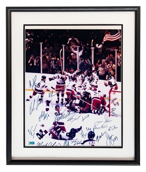 1980 Team USA "Miracle on Ice" Team-Signed Framed Photo by 20 Including Craig, Johnson, Eruzione and Others (21" x 25") - Grandstand Sports Authenticated!