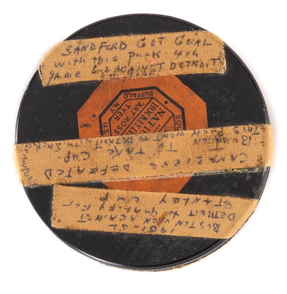 Ed Sandfords 1952-53 Boston Bruins Stanley Cup Playoffs Goal Puck - Team-Signed by the 1952-53 Boston Bruins (Signatures Traced Over)