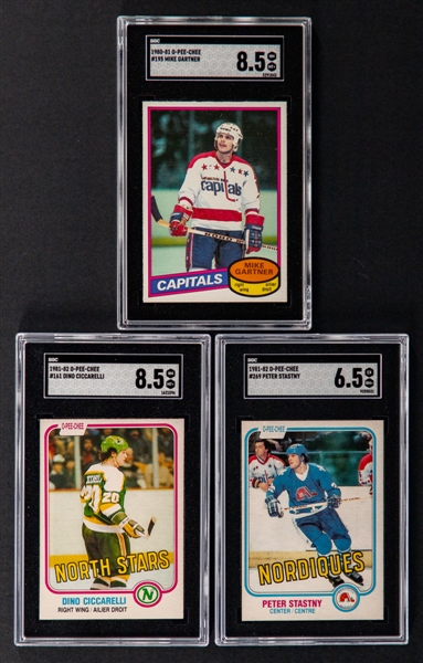 1980-81 O-Pee-Chee Hockey Card #195 HOFer Ray Mike Gartner Rookie (Graded SGC 8.5) Plus 1981-82 O-Pee-Chee Rookie Cards of HOFers #161 D. Ciccarelli (Graded SGC 8.5) and P. Stastny (Graded SGC 6.5)