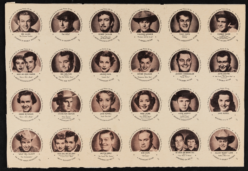 1953 Dixie Lids Movie Stars Complete Set Uncut Sheet - Features 24 Lids Including John Wayne, Charlton Heston, Bob Hope, Jane Russell, Debbie Reynolds and Others