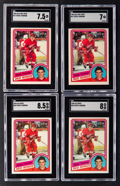 1984-85 O-Pee-Chee and Topps SGC-Graded Rookie Cards of HOFer Steve Yzerman (#67 O-Pee-Chee - SGC 7.5 and SGC 7) (#29 Topps #49 - SGC 8.5 and SGC 8)