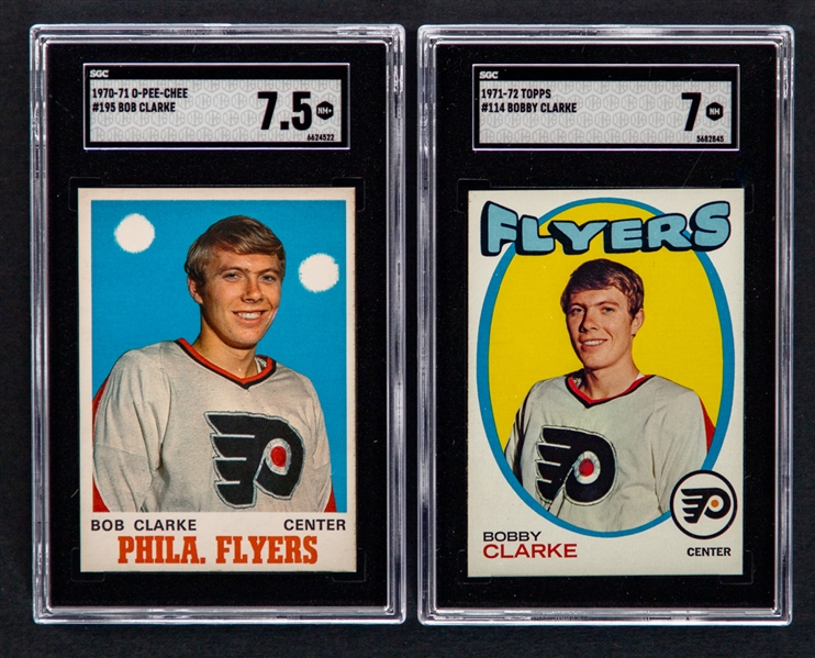 1970-71 O-Pee-Chee Hockey Card #195 HOFer Bobby Clarke Rookie (Graded SGC 7.5) and 1971-72 Topps Hockey Card #114 HOFer Bobby Clarke (Graded SGC 7)