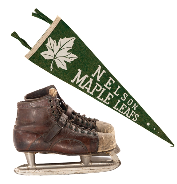 Circa 1950s Nelson Maple Leafs Pennant (WIHL) and Vintage 1930s Union Hardware Skates