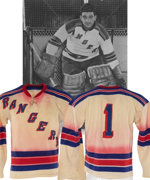 Chuck Rayners 1951-52 New York Rangers Game-Worn Wool Jersey Originally from the Raynor Family with LOA - Team Repairs! - Photo-Matched!