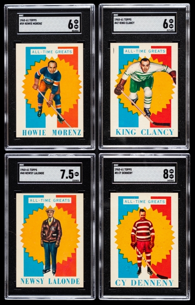 1960-61 Topps "All-Time Greats" SGC-Graded Hockey Cards (5) Including HOFers Morenz, Clancy, Lalonde, Denneny and Ross Plus 1979-80 OPC/Topps SGC-Graded Hockey Cards #185 of HOFer Bobby Hull