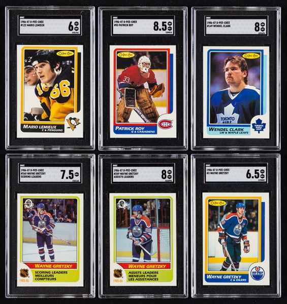 1986-87 O-Pee-Chee Hockey Complete 264-Card Set with SGC-Graded Cards (6) Including #53 HOFer Patrick Roy Rookie (NM-MT+ 8.5) and #149 Wendel Clark Rookie (NM-MT 8)
