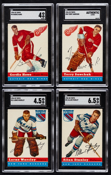 1954-55 Topps Hockey Complete 60-Card Set with SGC-Graded Cards (4) Including HOFers #8 Gordie Howe (VG-EX 4), #10 Worsley (VG-EX 4.5), #41 Stanley (EX-NM+ 6.5) and #58 Sawchuk (Authentic Altered)