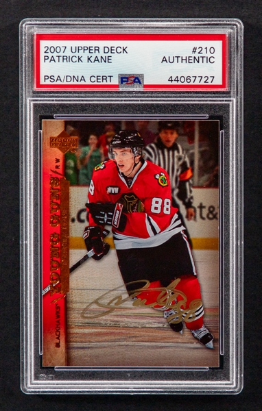 2007-08 Upper Deck Young Guns Signed Hockey Card #210 Patrick Kane Rookie (PSA/DNA Certified Authentic Autograph) 