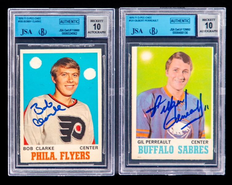 1970-71 O-Pee-Chee Signed Hockey Rookie Cards of HOFers #195 Bobby Clarke and #131 Gilbert Perreault (JSA/Beckett Certified Authentic Autographs - Autographs Graded 10)