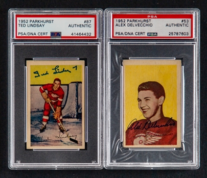 1952-53 Parkhurst Signed Hockey Cards of HOFers #53 Alex Delvecchio and #87 Ted Lindsay (PSA/DNA Certified Authentic Autographs) 