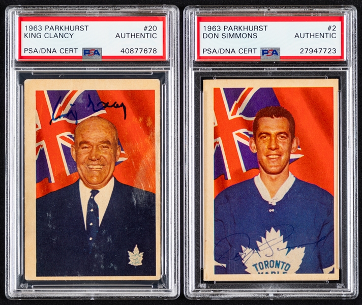 1963-64 Parkhurst Signed Hockey Cards of #20 Deceased HOFer King Clancy and #2 Don Simmons (PSA/DNA Certified Authentic Autographs)