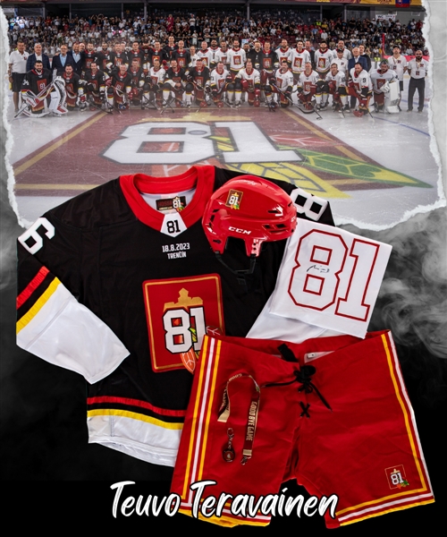 Teuvo Teravainen’s Team Black 2023 Marian Hossa "Goodbye Game" Signed Game-Issued Jersey and Game-Worn CCM Helmet Plus Pant Shells and Additional Items