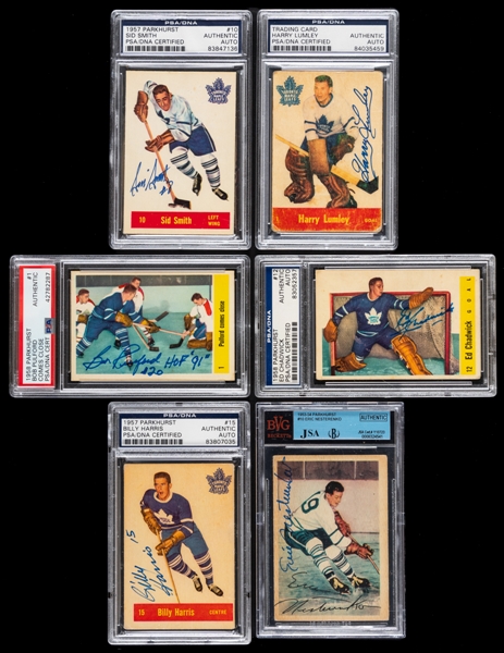 1953-54 to 1958-59 Parkhurst Signed Toronto Maple Leafs Hockey Cards (6) Inc. HOFers Harry Lumley and Bob Pulford (PSA/DNA and JSA/Beckett Certified Authentic Autographs)
