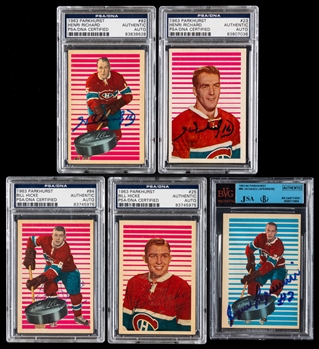 1963-64 Parkhurst Signed Montreal Canadiens Hockey Cards (5) Inc. Deceased HOFer Henri Richard (2) and HOFer Jacques Laperriere Rookie (JSA/Beckett and PSA/DNA Certified Authentic Autographs)