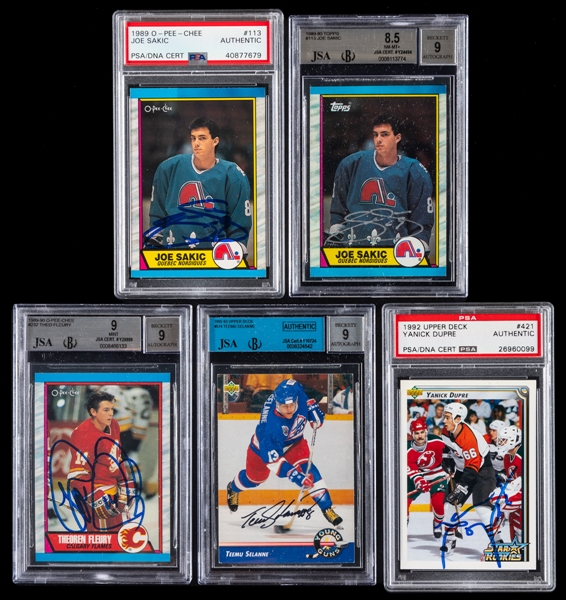 1989-90 to 1992-93 OPC/Topps/UD Signed Hockey Rookie Cards of HOFers Joe Sakic (2) and Teemu Selanne Plus Fleury RC and Yanick Dupre Signed Cards (JSA/Beckett & PSA/DNA Certified Authentic Autographs)