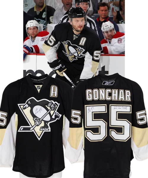 Sergei Gonchars 2009-10 Pittsburgh Penguins Signed Game-Worn Alternate Captains Playoffs Jersey with Team COA - Team Repairs! - Photo-Matched!