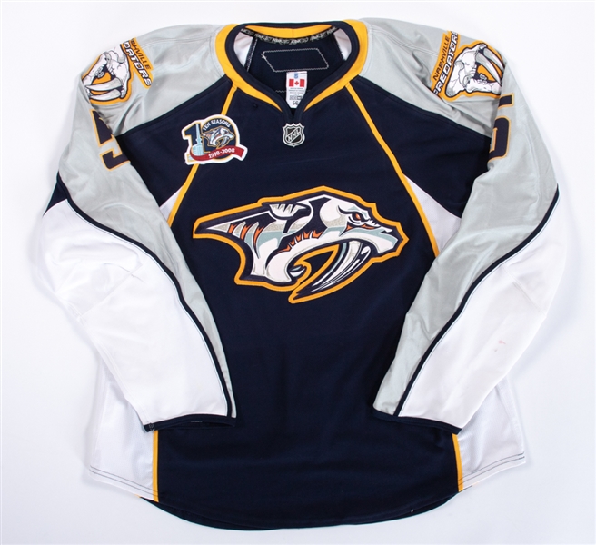 Greg Zanons 2007-08 Nashville Predators Signed "Shirts Off Their Back" Game-Worn Jersey with Contest Card - 10th Season Patch! 