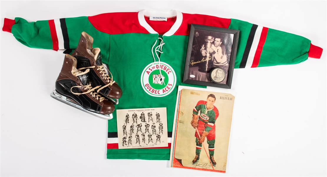 Montreal Canadiens Memorabilia and Autograph Collection Inc. Maurice Richard Signed Photo & Puck, 1960s Calendars (2) and Jean Beliveau Items with Vintage Daoust "Jean Beliveau Special" Skates