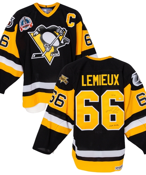 Mario Lemieux Signed 91-92 Cups Black Pittsburgh Penguins Limited-Edition #46/66 Captains Jersey (Reich COA) - "Badger", NHL 75th Anniversary and 1991 Stanley Cup Patches 