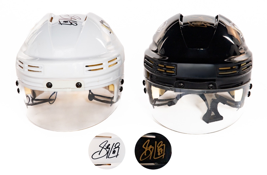 Sidney Crosby Signed Pittsburgh Penguins Home and Away Mini Helmets (2) with Penguins LOA / Frameworth COA