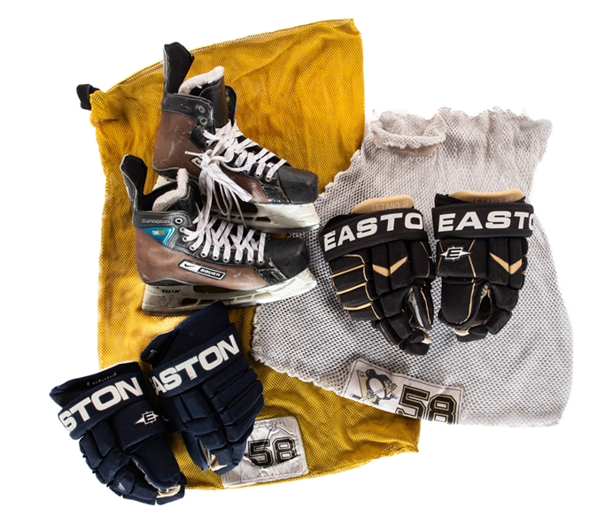 Kris Letangs 2008 Pittsburgh Penguins Stanley Cup Finals Nike Bauer Supreme One90 Game-Used Skates with LOA, 2008-09 and 2010-11 Easton Game-Worn Gloves and Laundry Bags (2) - All Photo-Matched!