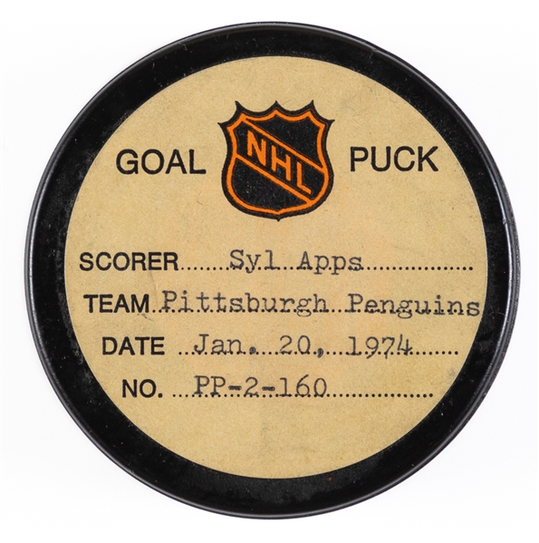 Pittsburgh Penguins January 20th 1974 Goal Puck from the NHL Goal Puck Program