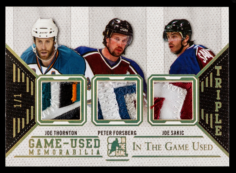 2015-16 Leaf In The Game Used Game-Used Memorabilia Triple Patch Hockey Card #GU3P-09 Joe Thornton / Peter Forsberg / Joe Sakic (1/1)