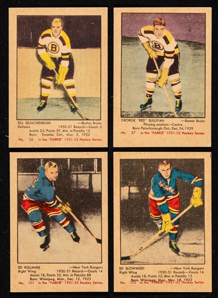 1951-52 Parkhurst Hockey Cards (4) Including #26 HOFer Bill Quackenbush Rookie and Cards #27 Red Sullivan Rookie, #101 Ed Kullman Rookie and #102 Ed Slowinski Rookie