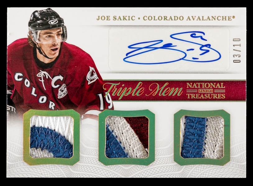 2013-14 Panini National Treasures Triple Memorabilia Signed Hockey Card #TM-JS HOFer Joe Sakic (03/10)