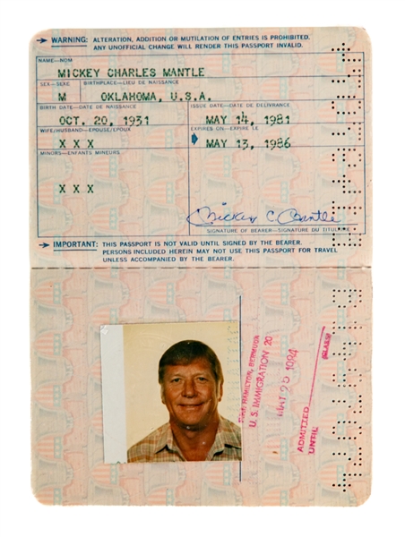 Mickey Mantle 1981-1986 Passport with Family COA & PSA/DNA LOA