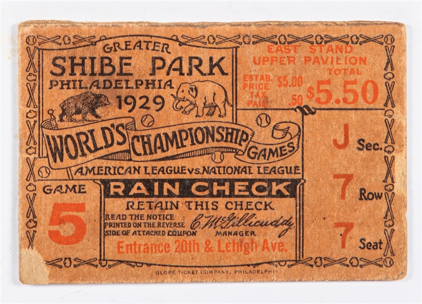 Scarce 1929 World Series Game 5 at Philadelphia Ticket Stub - Championship-Clinching Game!