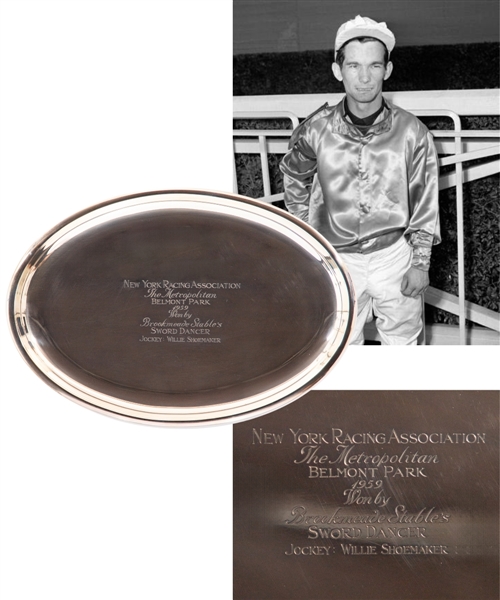 Hall of Fame Jockey Willie Shoemakers Sterling Serving Tray Award for Winning The 1959 Metropolitan Handicap at Belmont Park with Brookmeade Stables Sword Dancer 