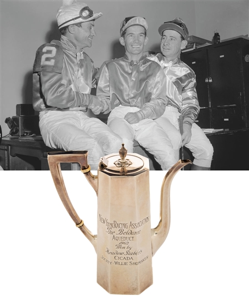 Hall of Fame Jockey Willie Shoemakers Sterling and Ivory Cocoa Pot Award for Winning The 1962 Beldame Stakes at Aqueduct with Meadow Stables Cicada - Shoemaker Family LOA