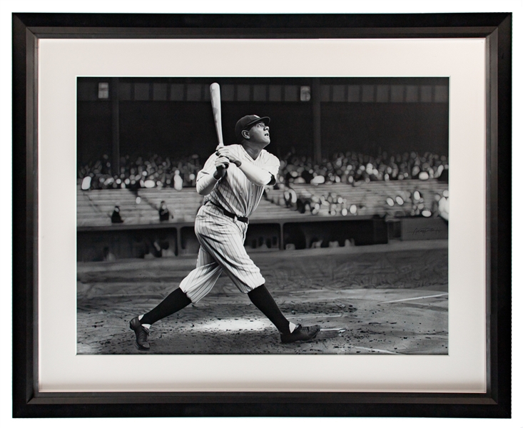 Babe Ruth New York Yankees Babe Ruth Swinging Acrylic Paint and Pencil Framed Original Artwork by Adam Port with COA (52 1/2" x 42 1/2") - Charles Conlon Collection