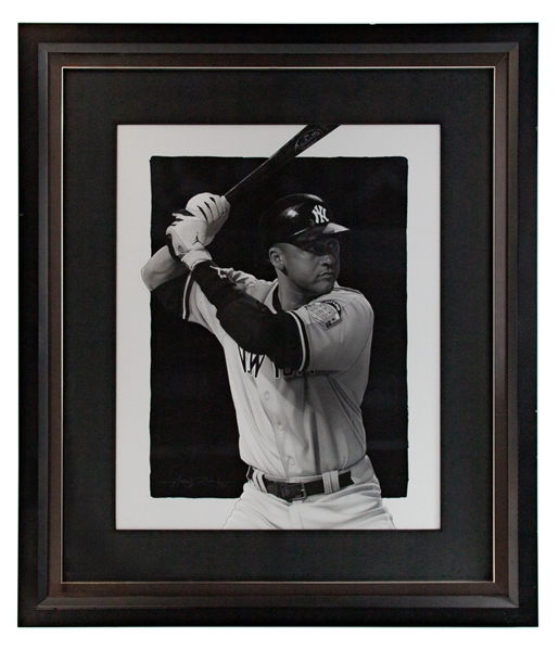 Derek Jeter New York Yankees Acrylic Paint and Pencil Framed Original Artwork by Adam Port with COA 