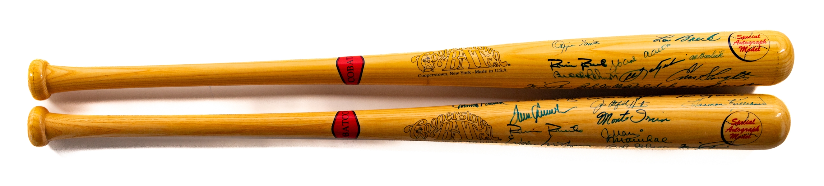 Hall of Famers Multi-Signed Cooperstown Collection Bats (2) with PSA/DNA LOA - 46 Signatures Total Including Deceased HOFers Kaline, Spahn, Doer, Mike, Mays, Musial, Feller, Slaughter & Others