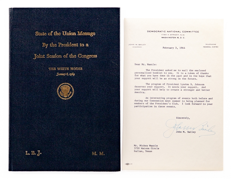 State of Union Message Booklet by President Lyndon B. Johnson , January 8, 1964 Sent to Mickey Mantle with Family COA