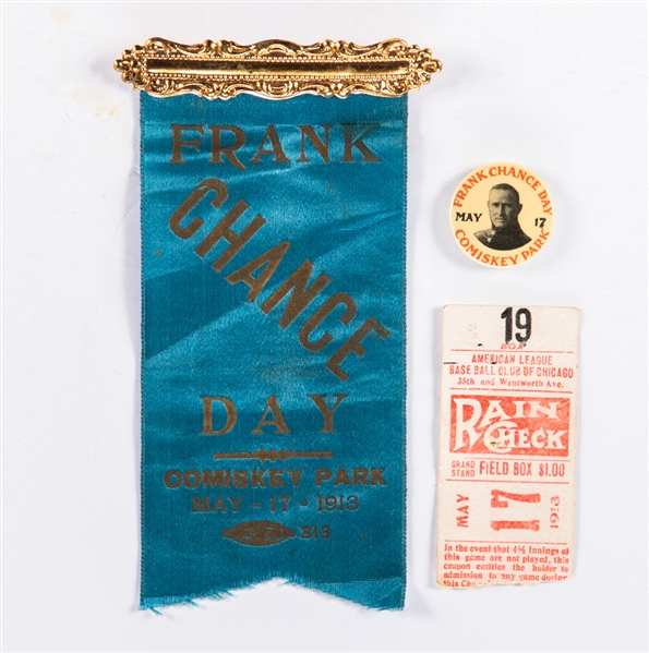 May 17th 1913 "Frank Chance Day" Memorabilia Collection of 3 Including Pin, Ribbon and Ticket Stub