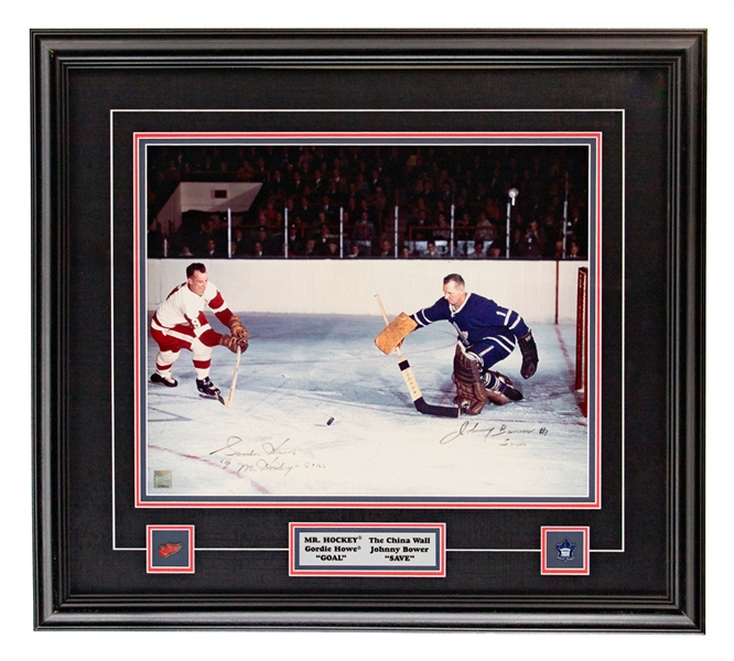 Deceased HOFers Gordie Howe & Johnny Bower Signed Framed Photo Display with COA (26 1/2" x 29 1/2")