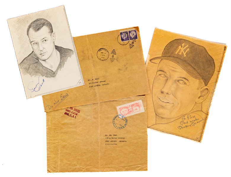 Late-1950s Mickey Mantle and Gordie Howe (Signed) Hand-Drawn Portraits by Former Hockey News Cartoonist Bill Maki 